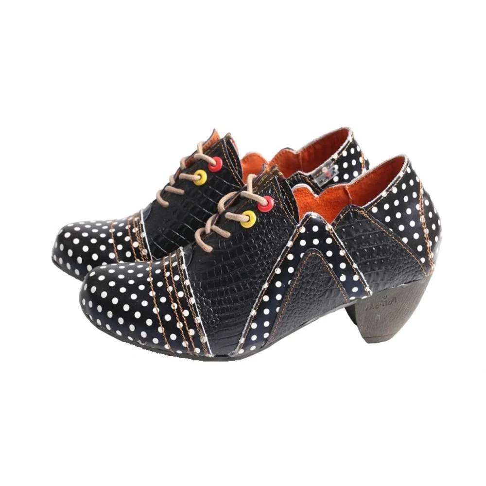TMA EYES & MAiA Women's Retro Polka Dot Leather Booties Low Heel Lace Up - Picture 3 of 6